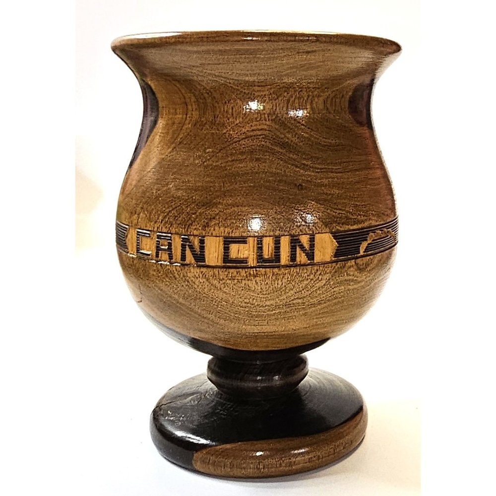 Vintage Artisan Turned Wood Footed Bowl Carved Cancun 7.5 inches Tall